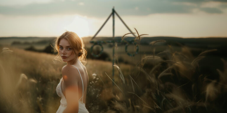 Närbild på vacker flicka i solnedgång med midsommarflaggstång i bakgrunden