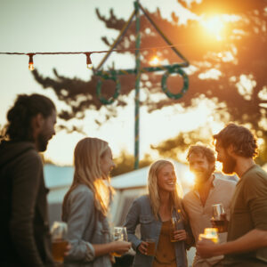 Ungdomar som festar på campingplats med Midsommarflaggstång i bakgrunden