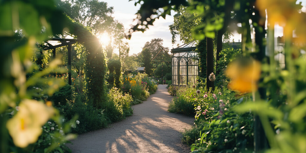Botanisk trädgård med midsommarflaggstång i bakgrunden