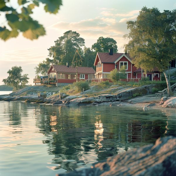 Röda hus vid havet med midsommarflaggstång.