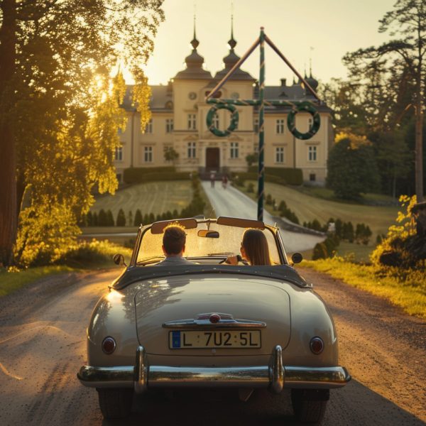 Par i vintage Porsche som åker till slott med midsommarflaggstång