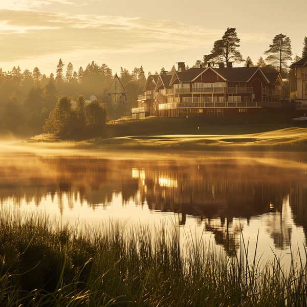 Sjö i förgrunden på golfbana och klubbhus med midsommarflaggstång